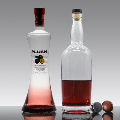 Muestra de botellas de vino de vidrio vacío de 1 litro con tapa de 300 ml y 750 ml.