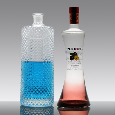 Muestra de botellas de vino de vidrio vacío de 1 litro con tapa de 300 ml y 750 ml.