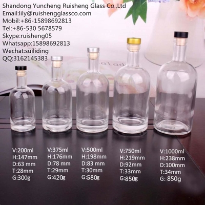 375 ml 200 ml 100 ml Botella de vidrio Gin Whisky Vino Vodka Espiritos Botella de vidrio con corcho