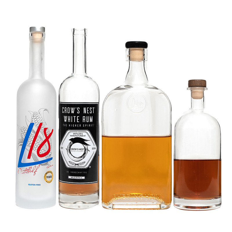 Muestra de botellas de vino de vidrio vacío de 1 litro con tapa de 300 ml y 750 ml.